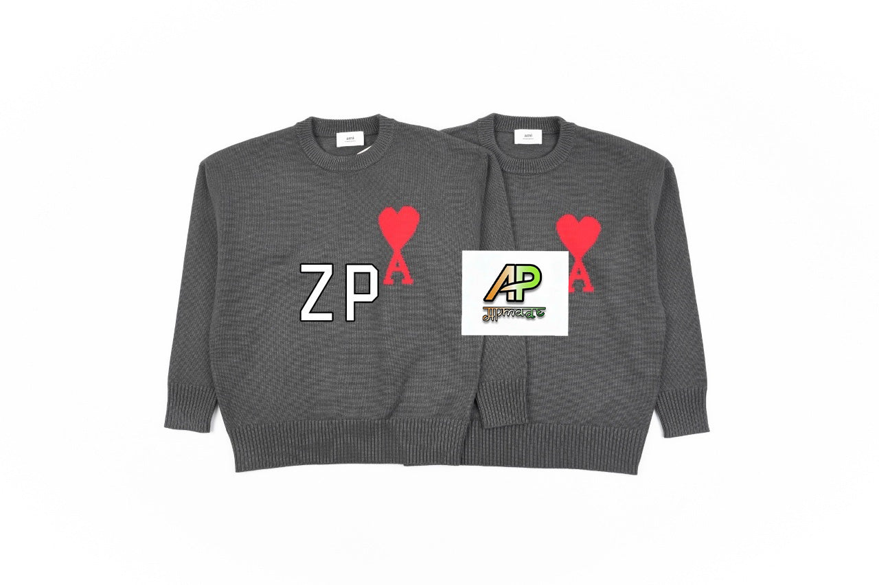 Ami Paris Heart-Patterned Jacquard Crew Neck Sweater Khaki White