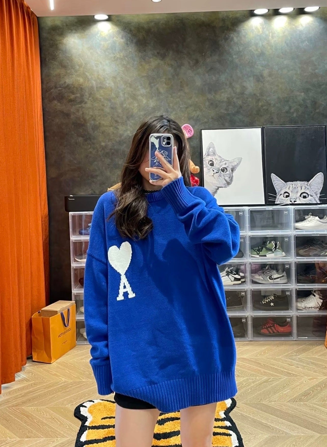 Ami Paris Heart-Patterned Jacquard Crew Neck Sweater Khaki White