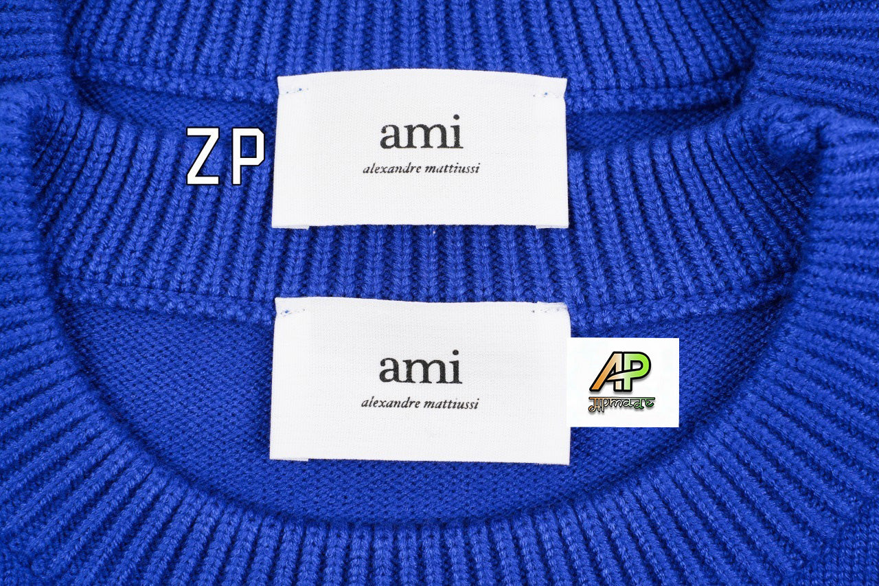 Ami Paris Heart-Patterned Jacquard Crew Neck Sweater Khaki White