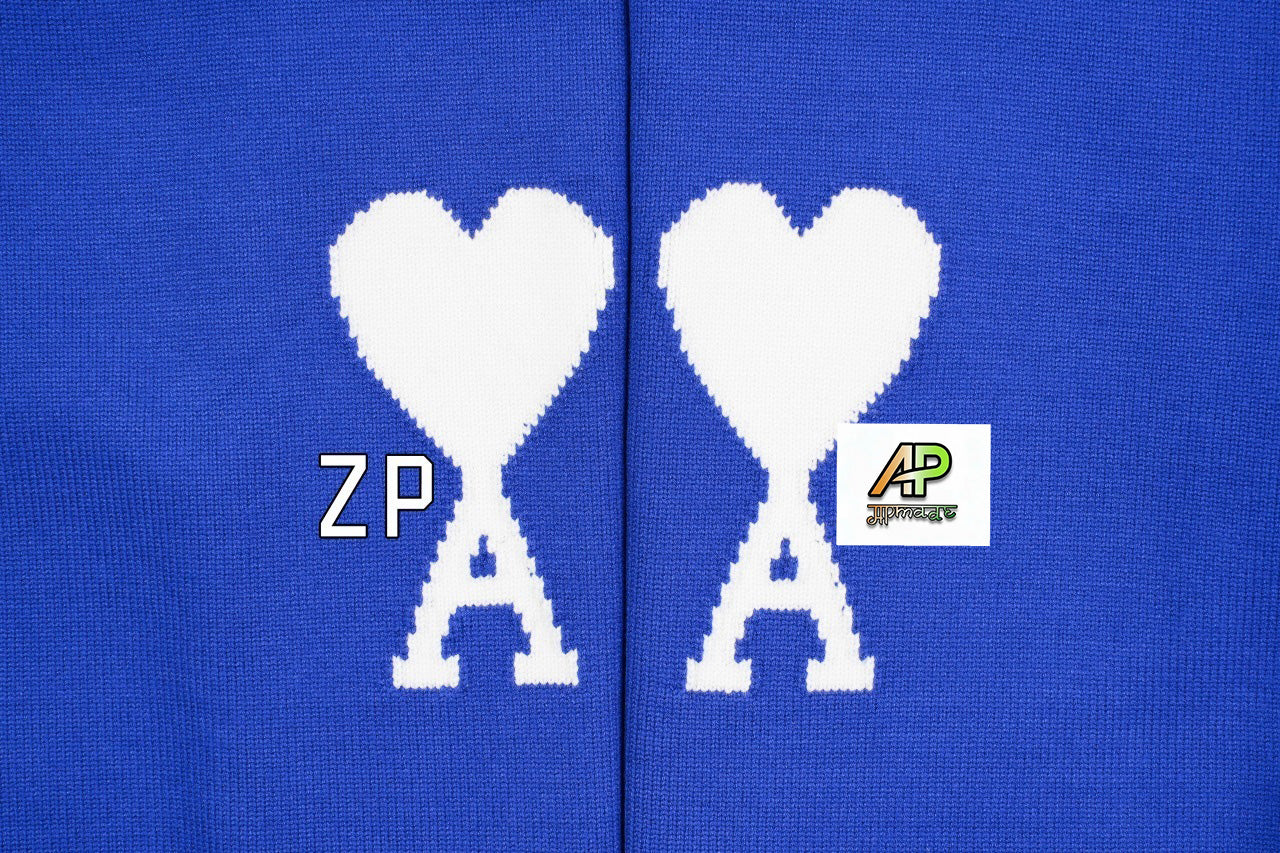 Ami Paris Heart-Patterned Jacquard Crew Neck Sweater Khaki White