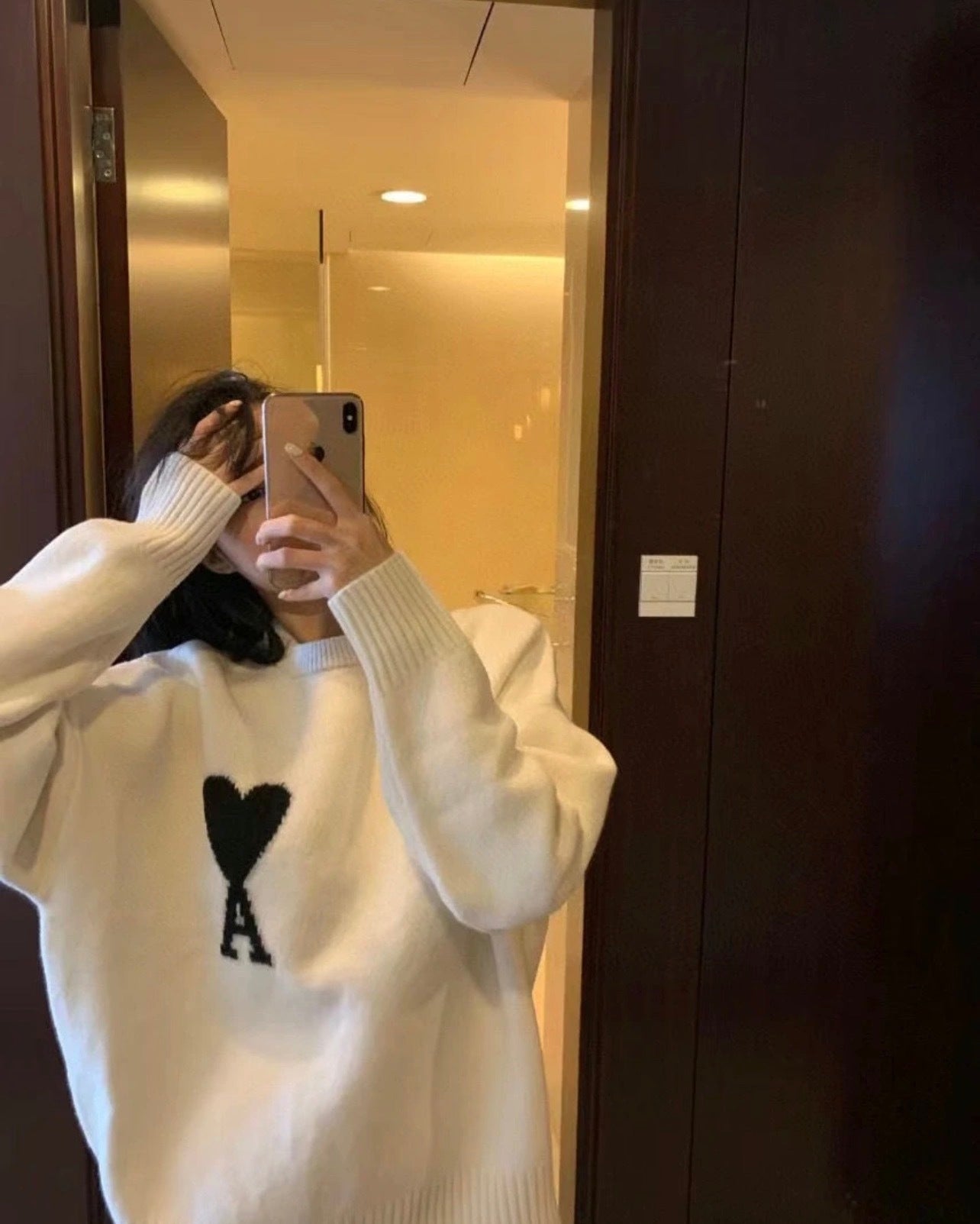 Ami Paris Heart-Patterned Jacquard Crew Neck Sweater Khaki White