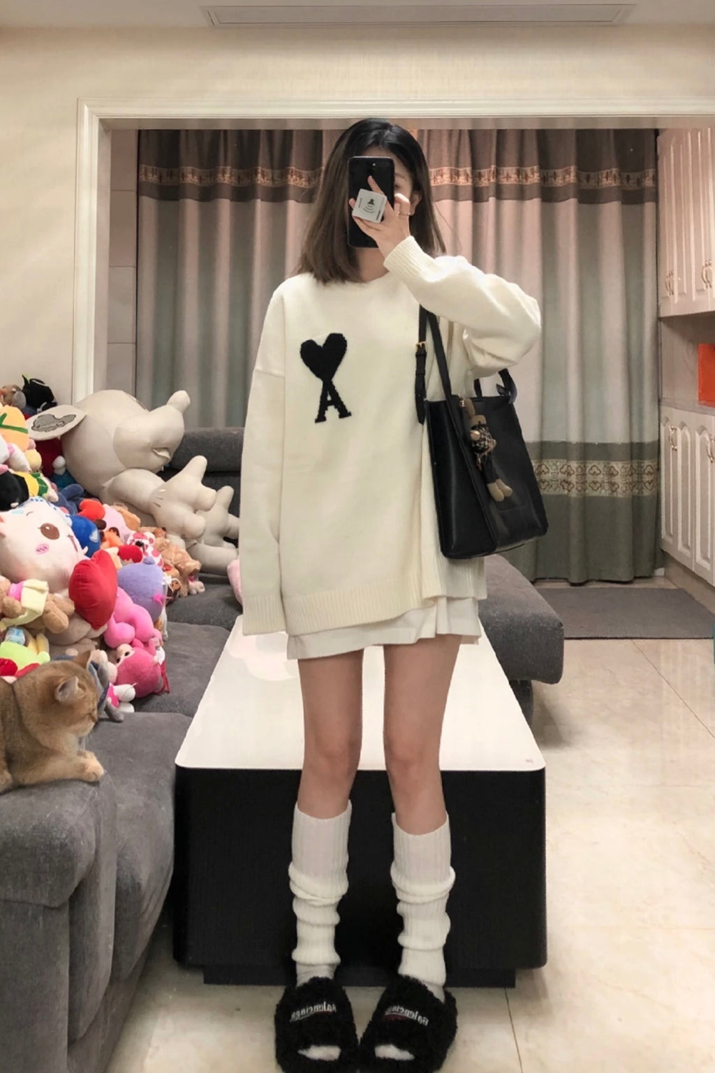 Ami Paris Heart-Patterned Jacquard Crew Neck Sweater Khaki White