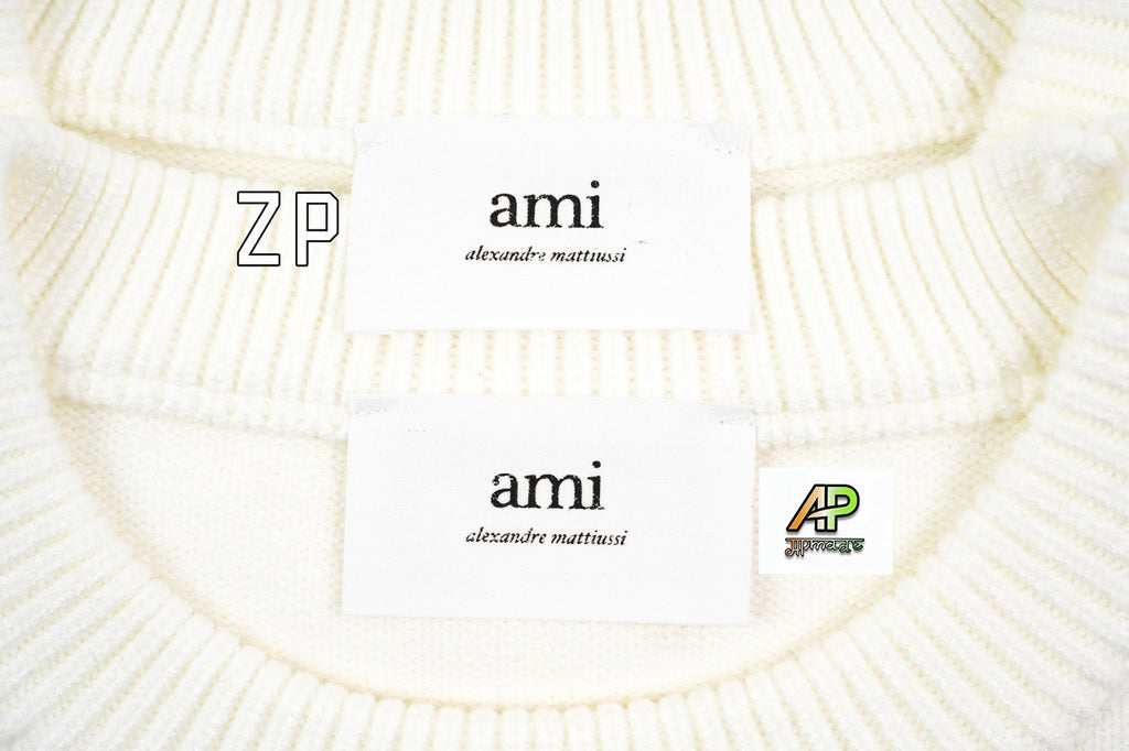 Ami Paris Heart-Patterned Jacquard Crew Neck Sweater Khaki White