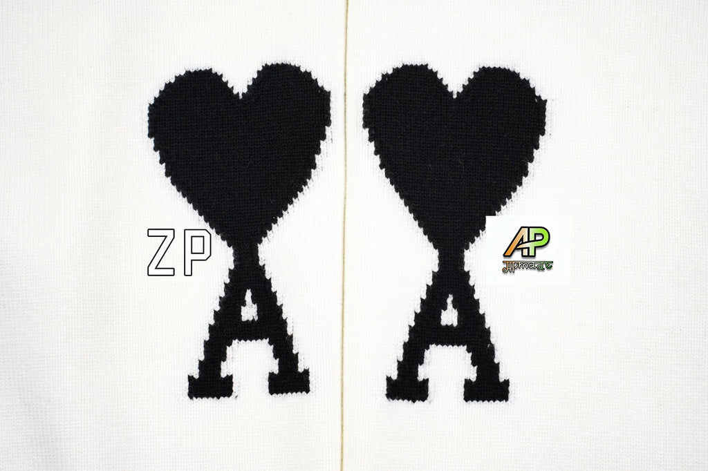 Ami Paris Heart-Patterned Jacquard Crew Neck Sweater Khaki White