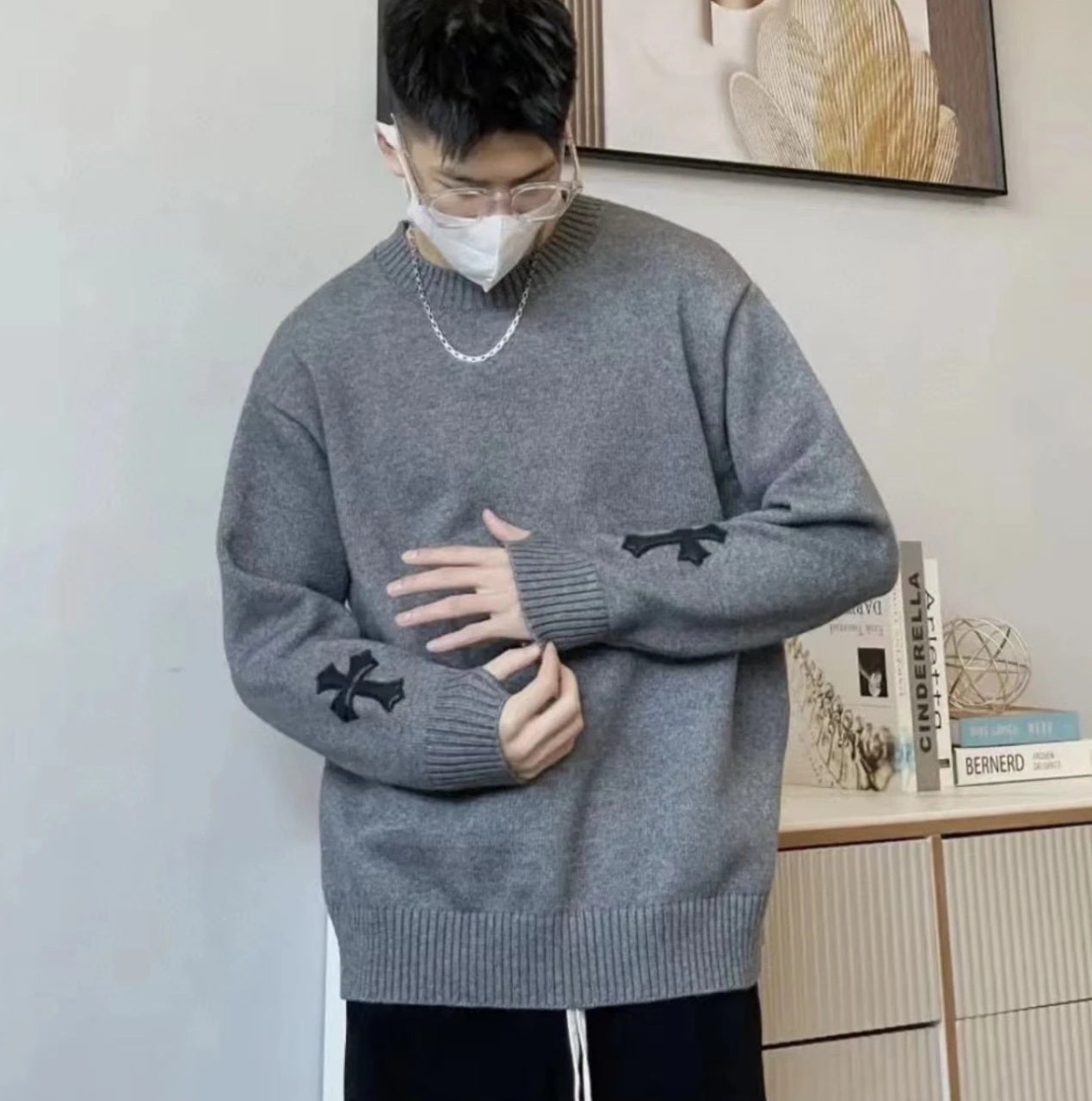 Chrome Hearts Cross Leather Label 3D Intarsia Crew Neck Sweater