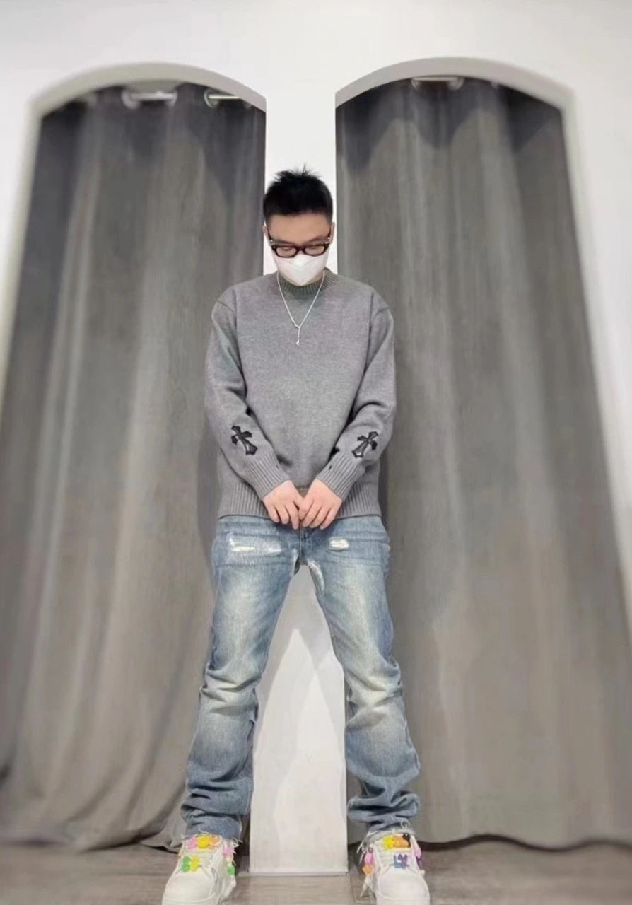 Chrome Hearts Cross Leather Label 3D Intarsia Crew Neck Sweater