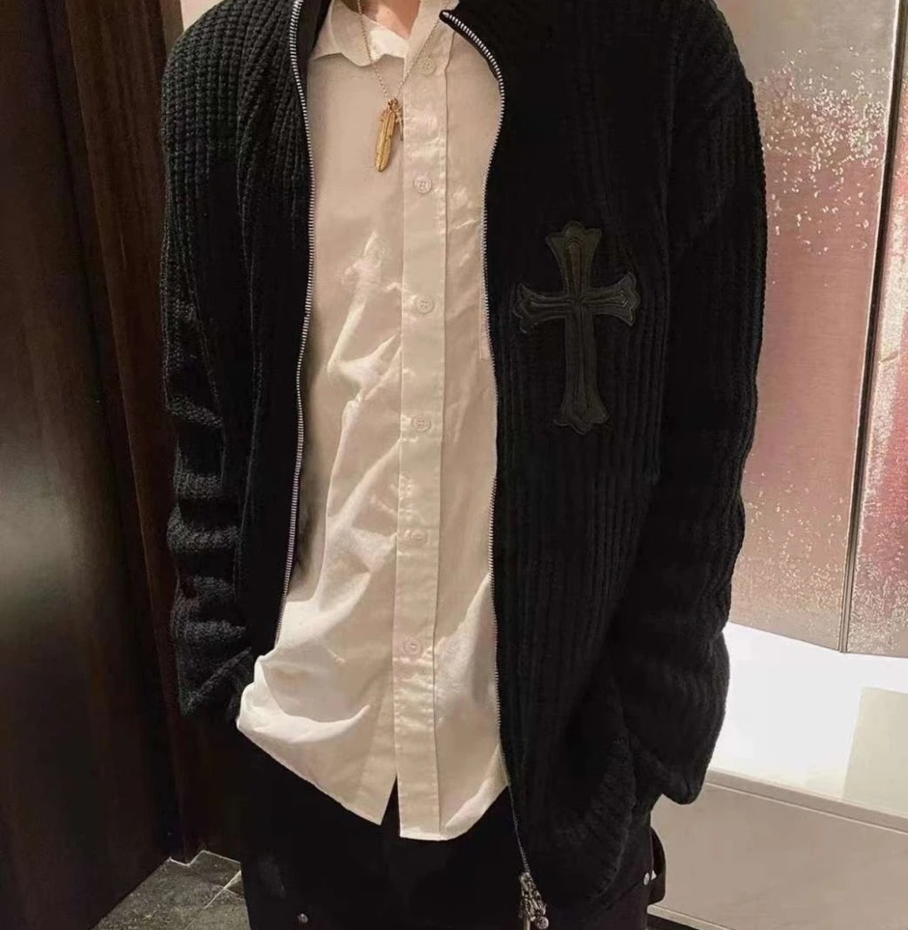 Chrome Hearts Cross-Leather Silver Zip-Up Wool Cardigan Jacket
