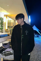Chrome Hearts Cross-Leather Silver Zip-Up Wool Cardigan Jacket