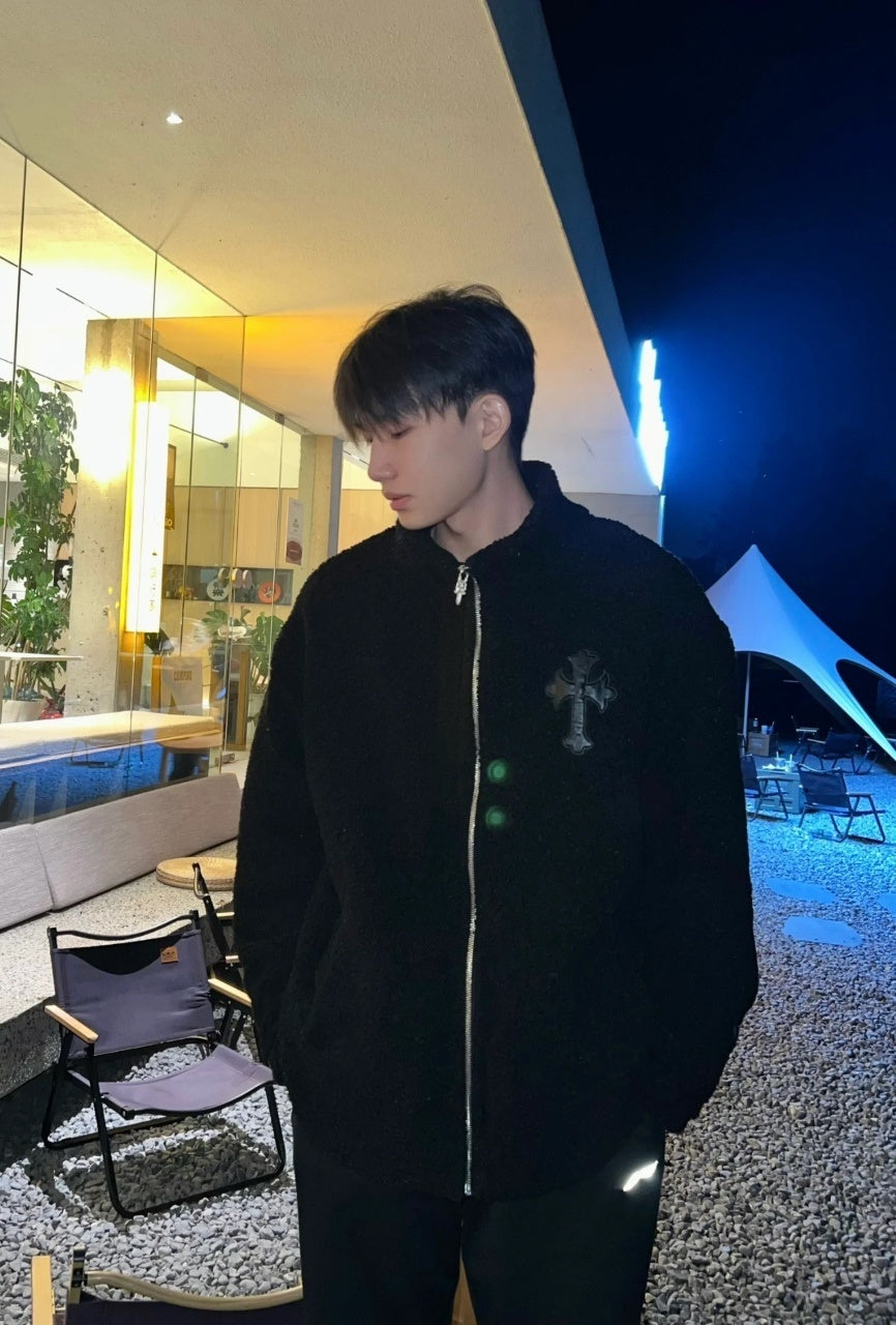 Chrome Hearts Cross-Leather Silver Zip-Up Wool Cardigan Jacket