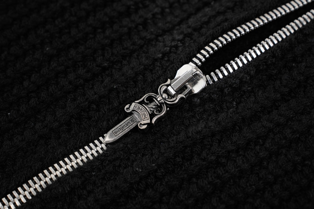 Chrome Hearts Cross-Leather Silver Zip-Up Wool Cardigan Jacket