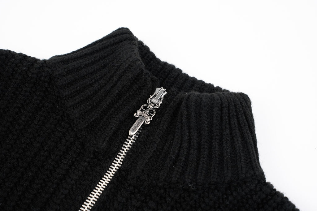 Chrome Hearts Cross-Leather Silver Zip-Up Wool Cardigan Jacket