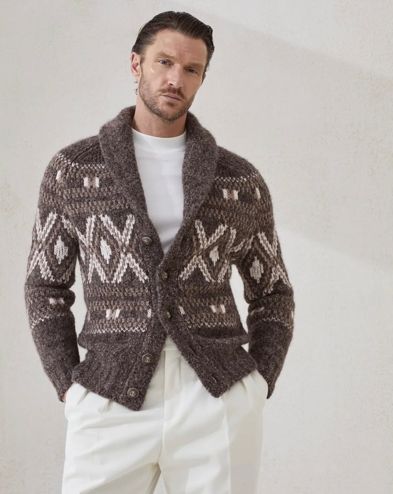 Brunello Cucinelli BC Fair Isle Jacquard Shawl Collar Cardigan