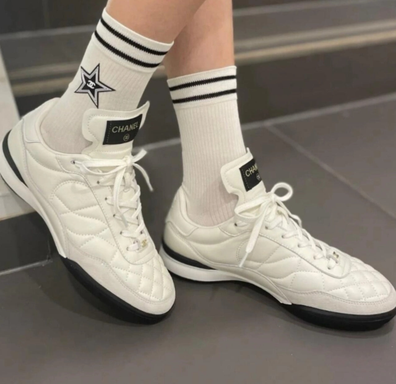 Chanel Calfskin & Suede Quilted Sneakers