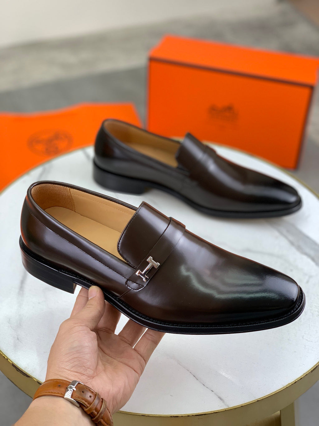 Hermès Men's Brown Calfskin Leather Loafers