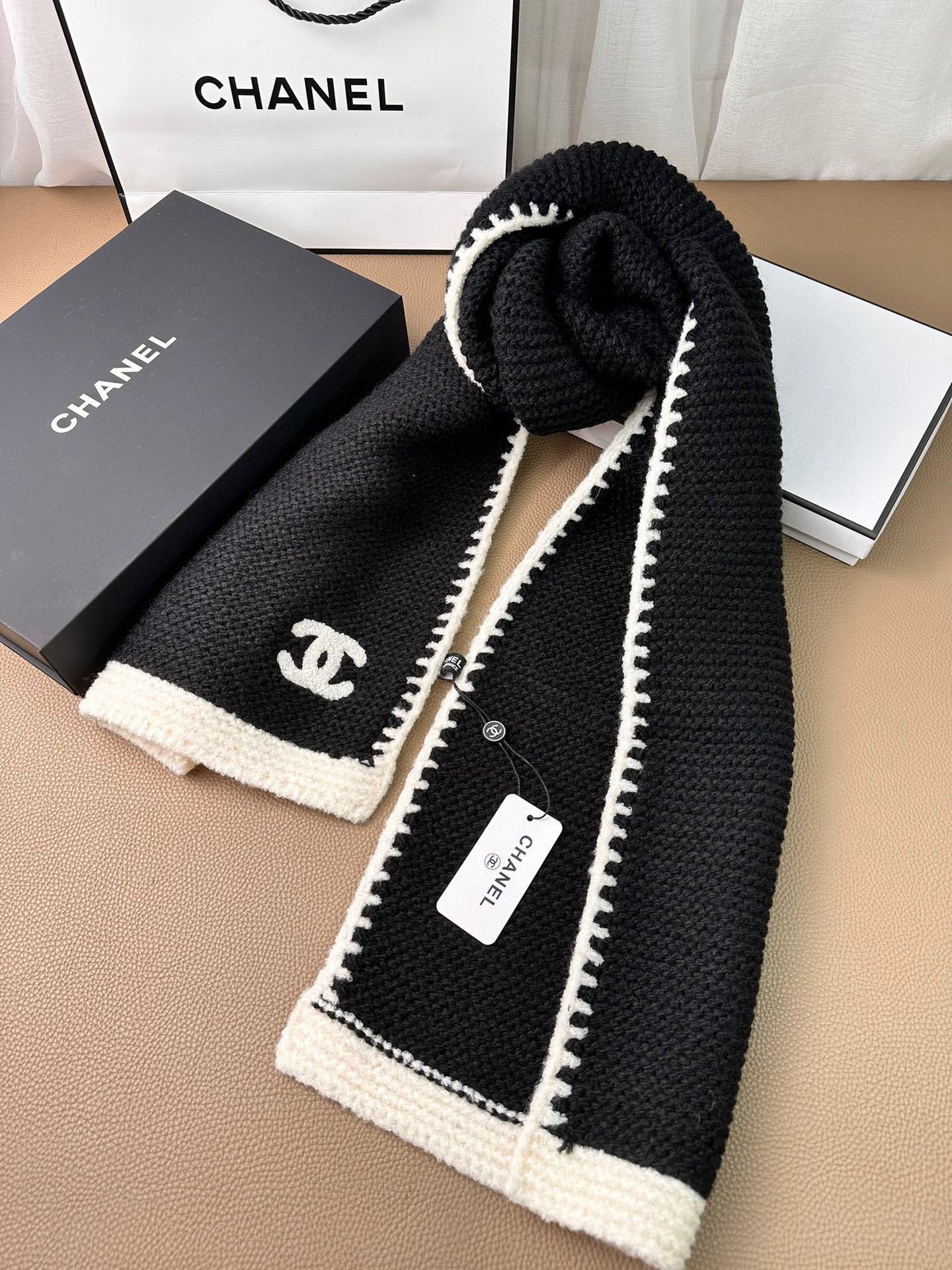 Chanel Small Chanel-Trimmed Knitted Long Scarf