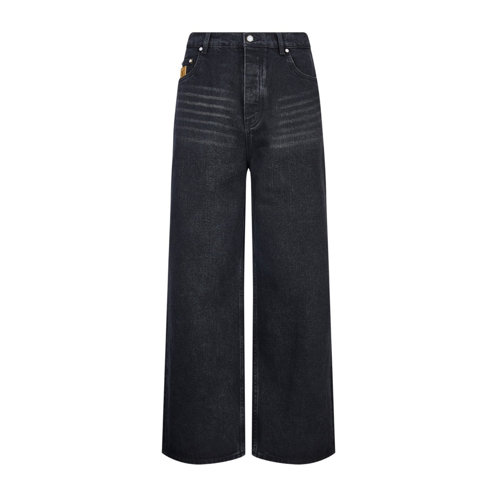 Louis Vuitton Embroidered Leather Label Wide-Leg Jeans