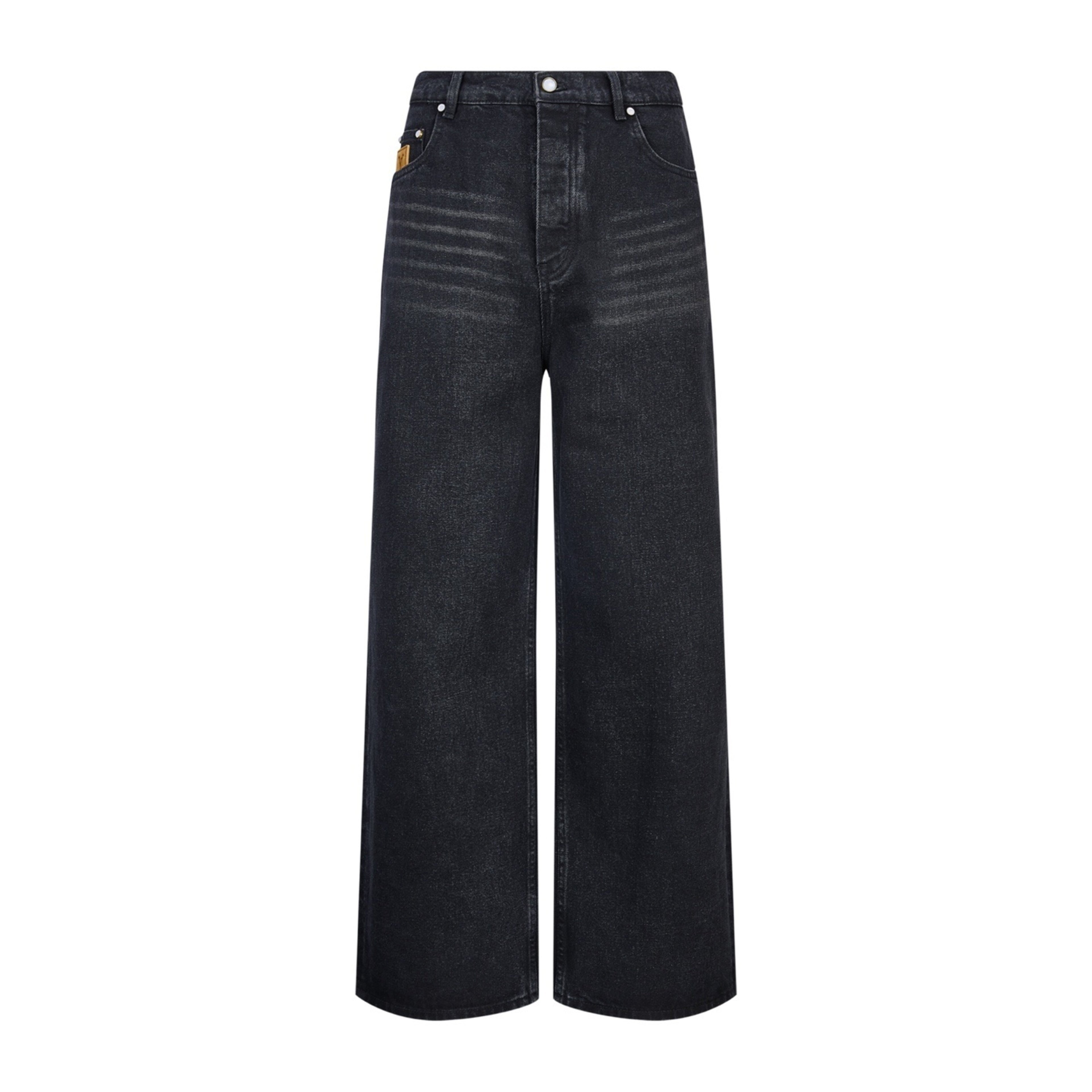 Louis Vuitton Embroidered Leather Label Wide-Leg Jeans