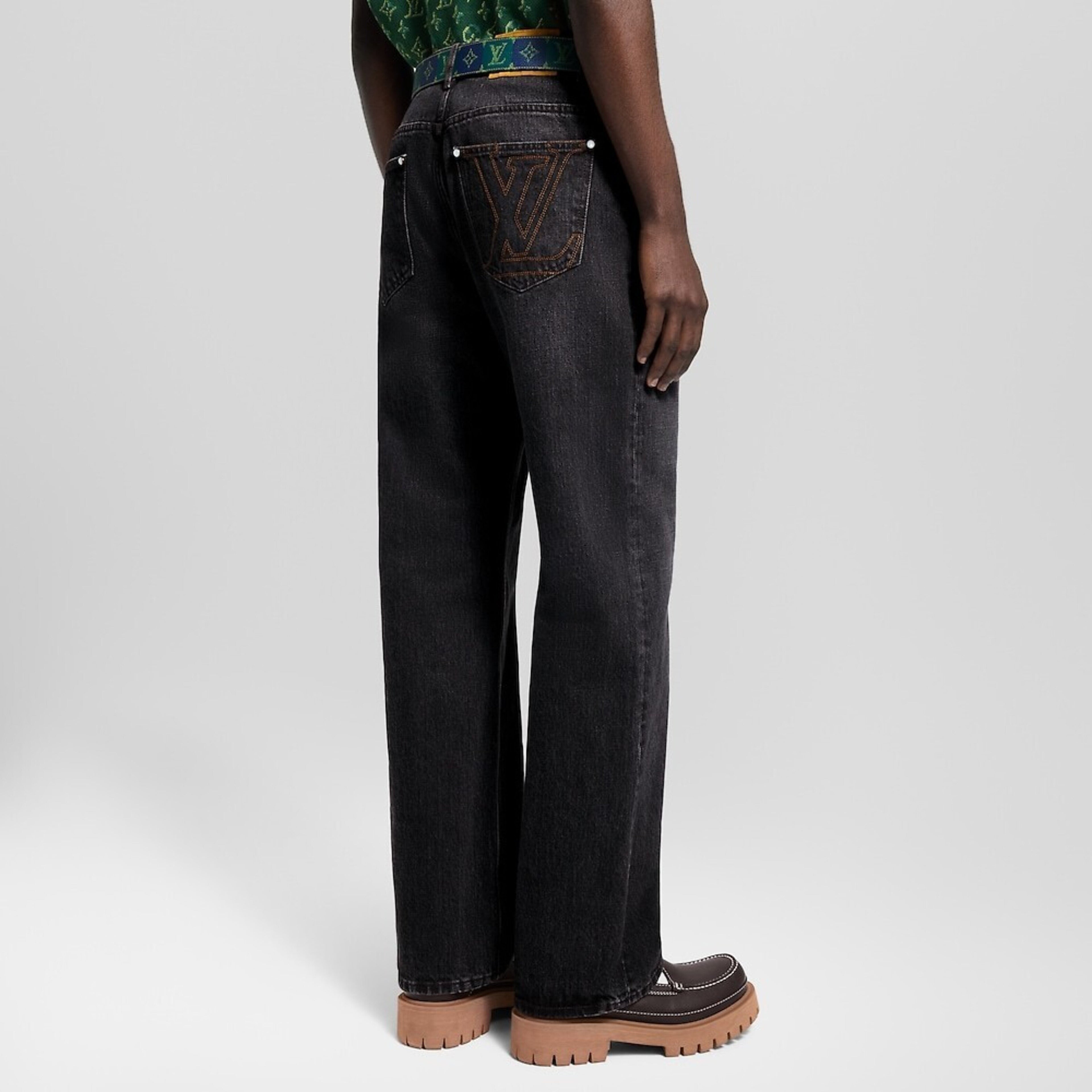 Louis Vuitton Embroidered Leather Label Wide-Leg Jeans