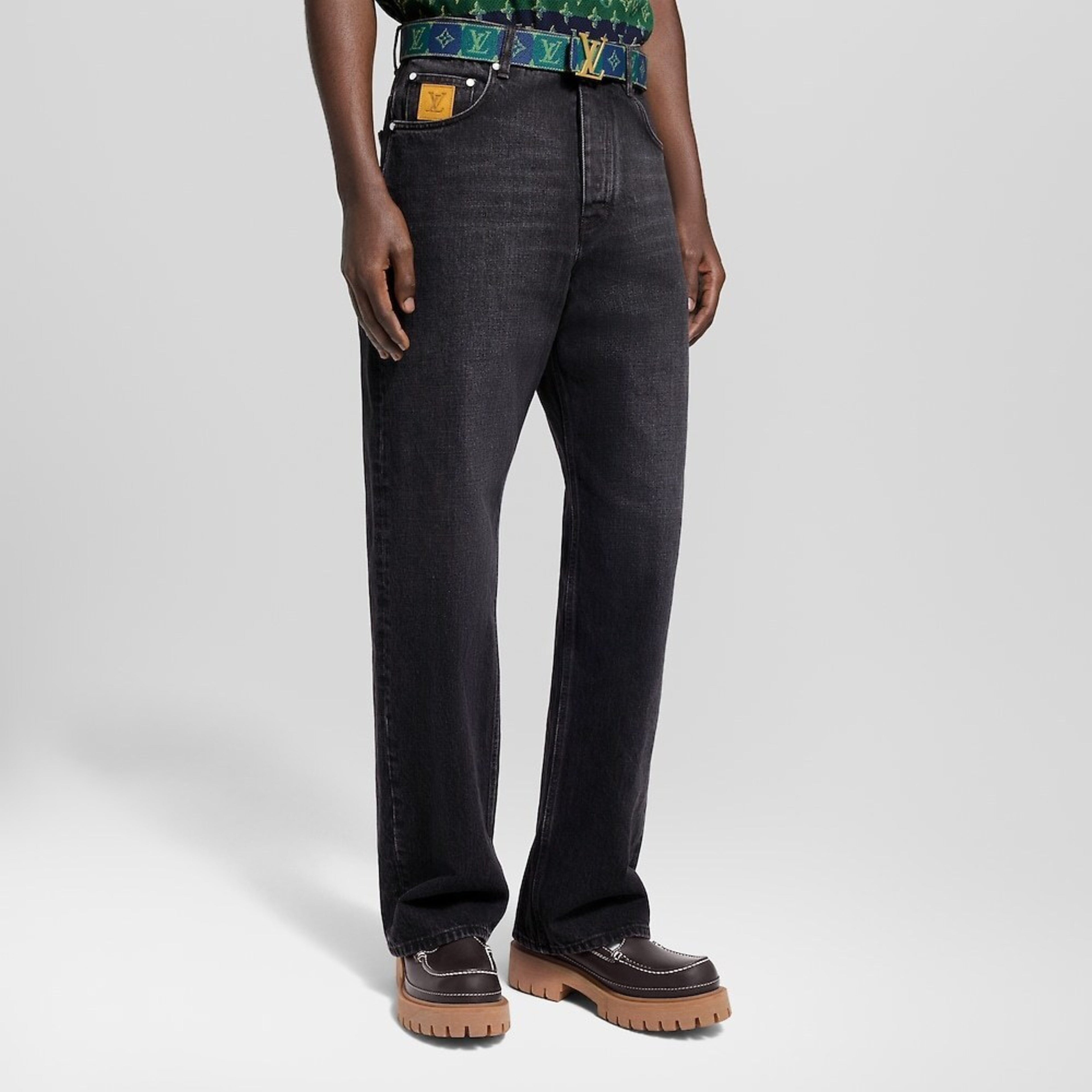 Louis Vuitton Embroidered Leather Label Wide-Leg Jeans
