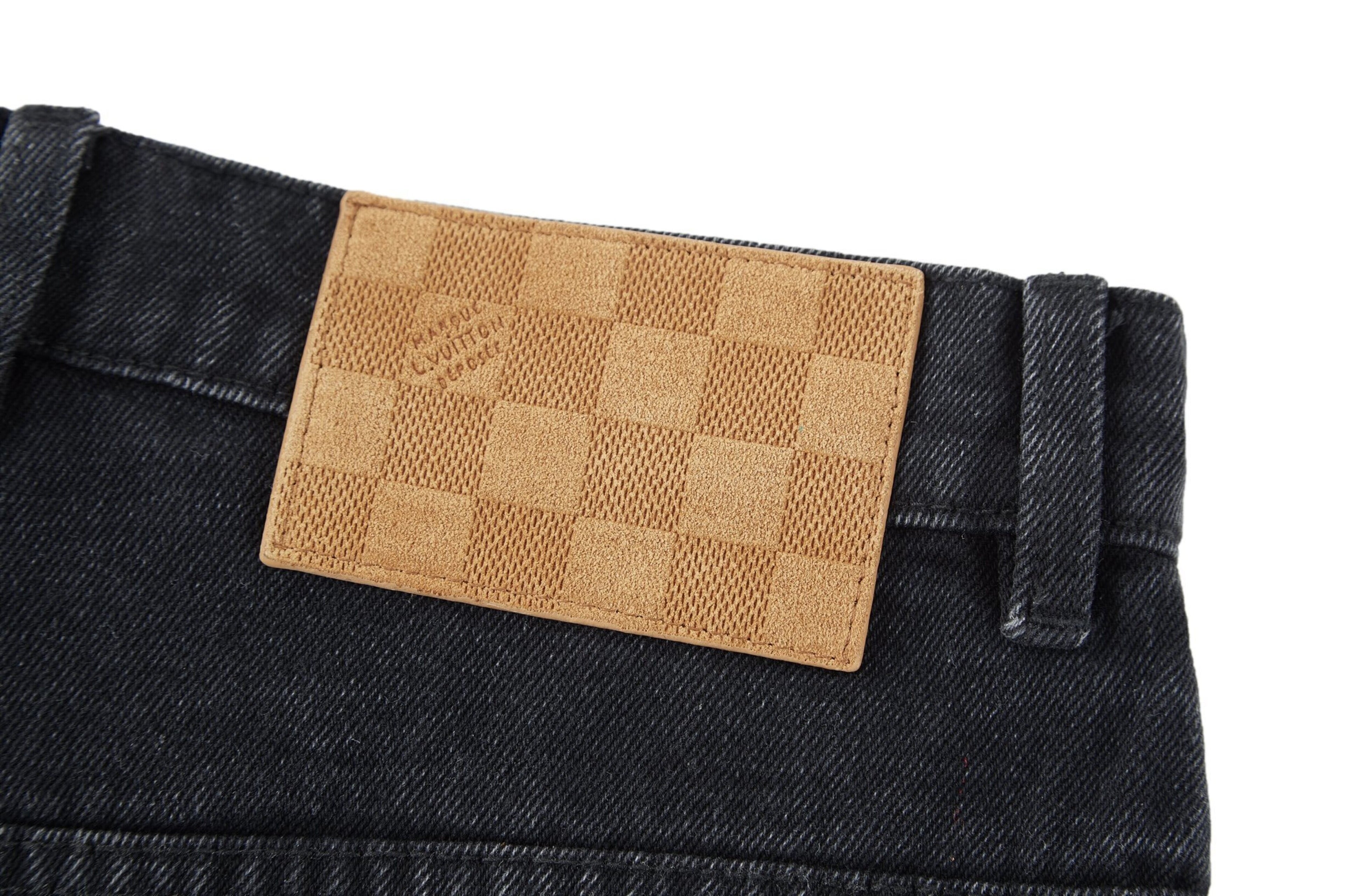 Louis Vuitton Embroidered Leather Label Wide-Leg Jeans