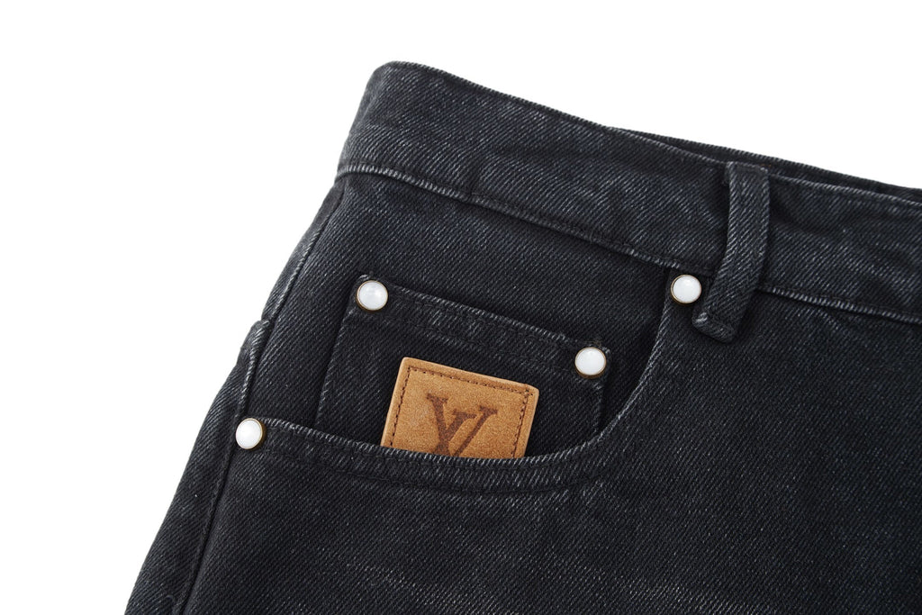Louis Vuitton Embroidered Leather Label Wide-Leg Jeans