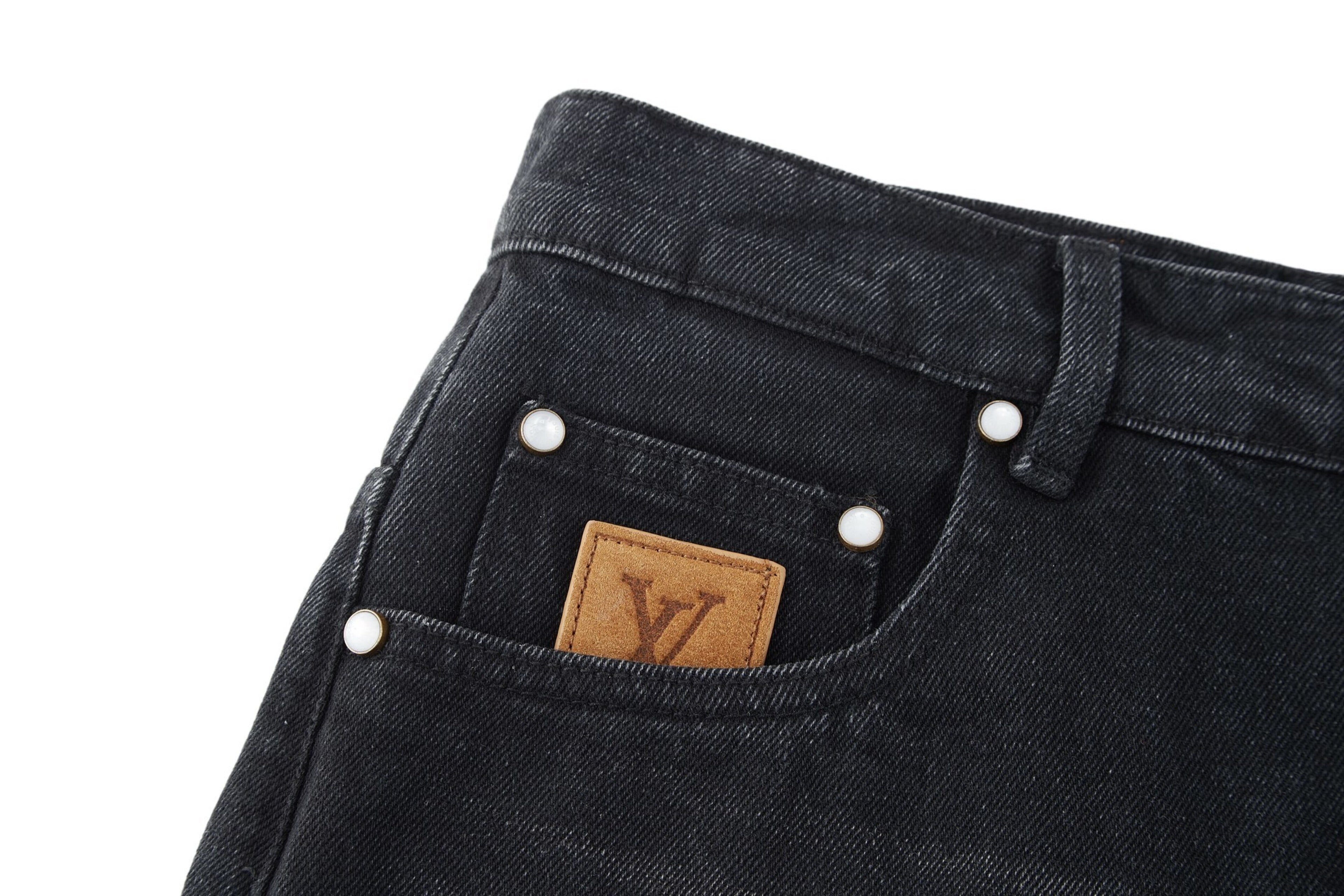 Louis Vuitton Embroidered Leather Label Wide-Leg Jeans