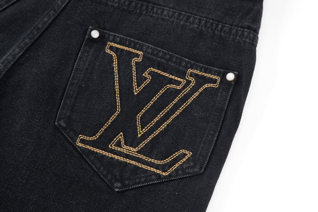 Louis Vuitton Embroidered Leather Label Wide-Leg Jeans