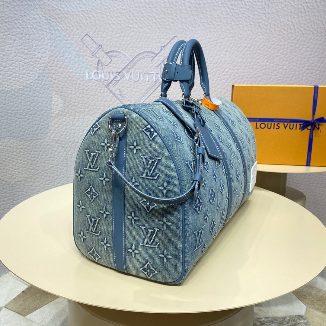 Louis Vuitton Keepall Bandoulière 50 Travel Bag (Washed Denim)