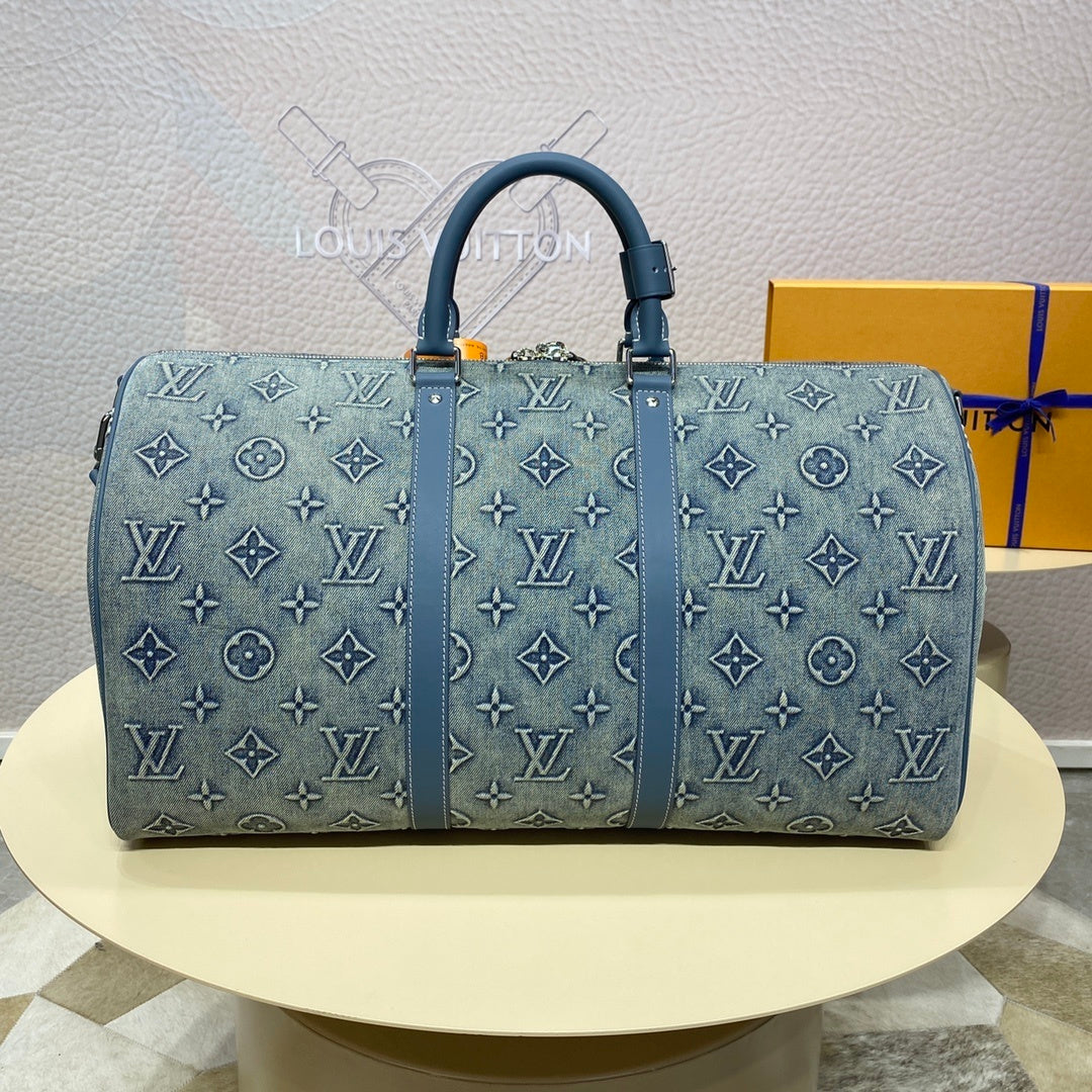 Louis Vuitton Keepall Bandoulière 50 Travel Bag (Washed Denim)
