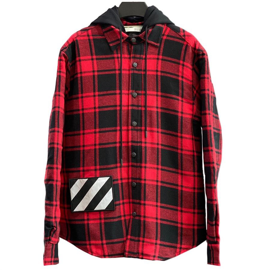 Off-White Plaid Splicing Hooded Shirt