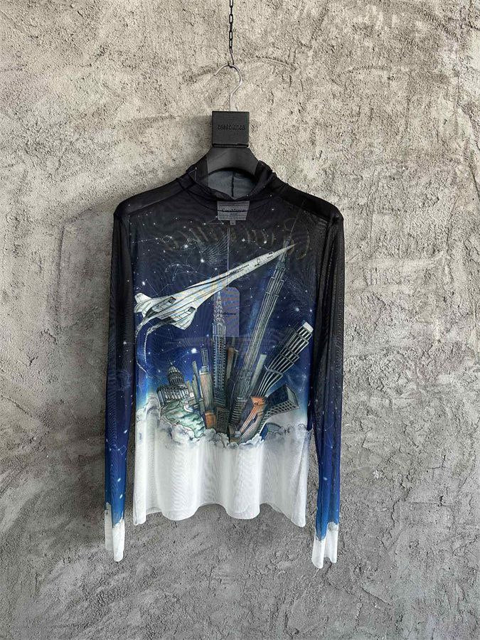 Casablanca Vol De Nuit Print Mesh Top