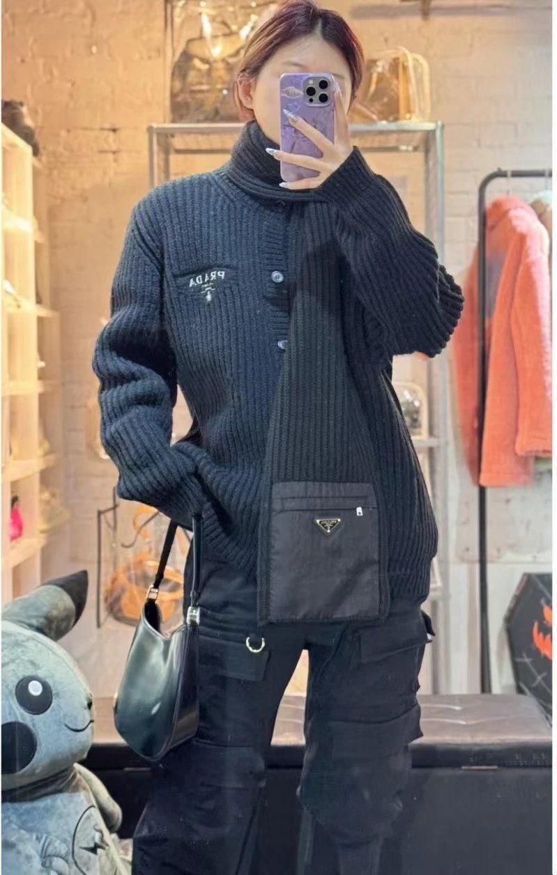 Prada Ribbed Wool Scarf with Nylon Pocket