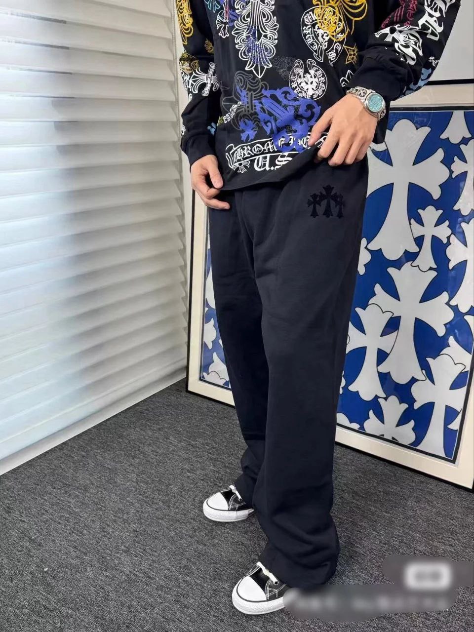 Chrome Hearts 25SS Grey & Black Flocked Cross Logo Sweatpants