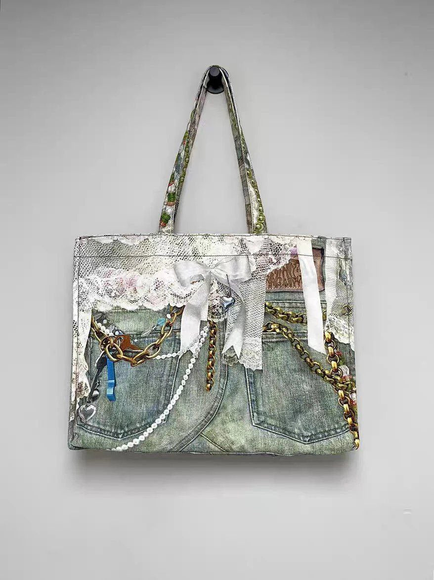 Acne Studios Lace-Trimmed Printed Tote Bag