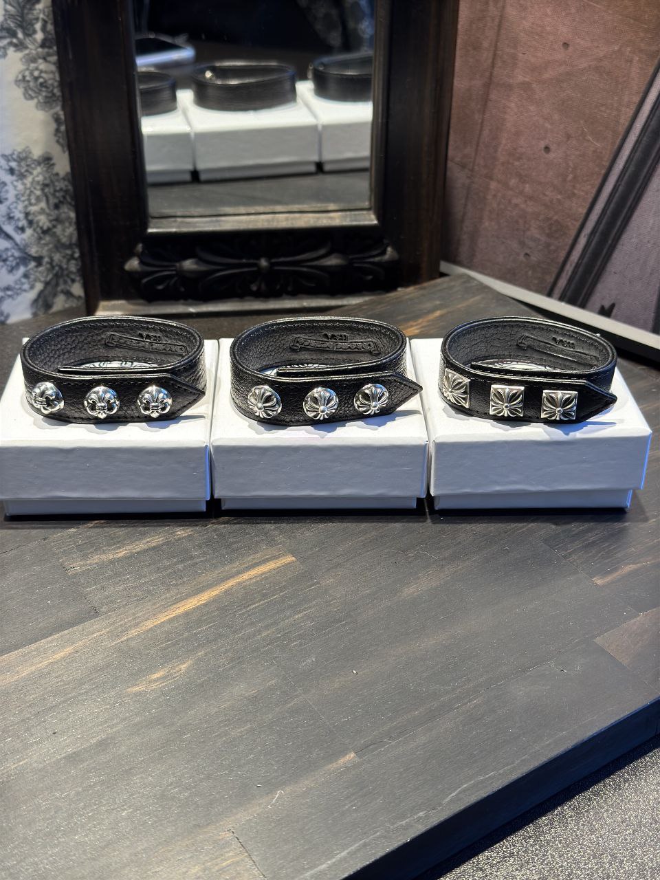 Chrome Hearts Adjustable Leather Silver Snap Bracelet