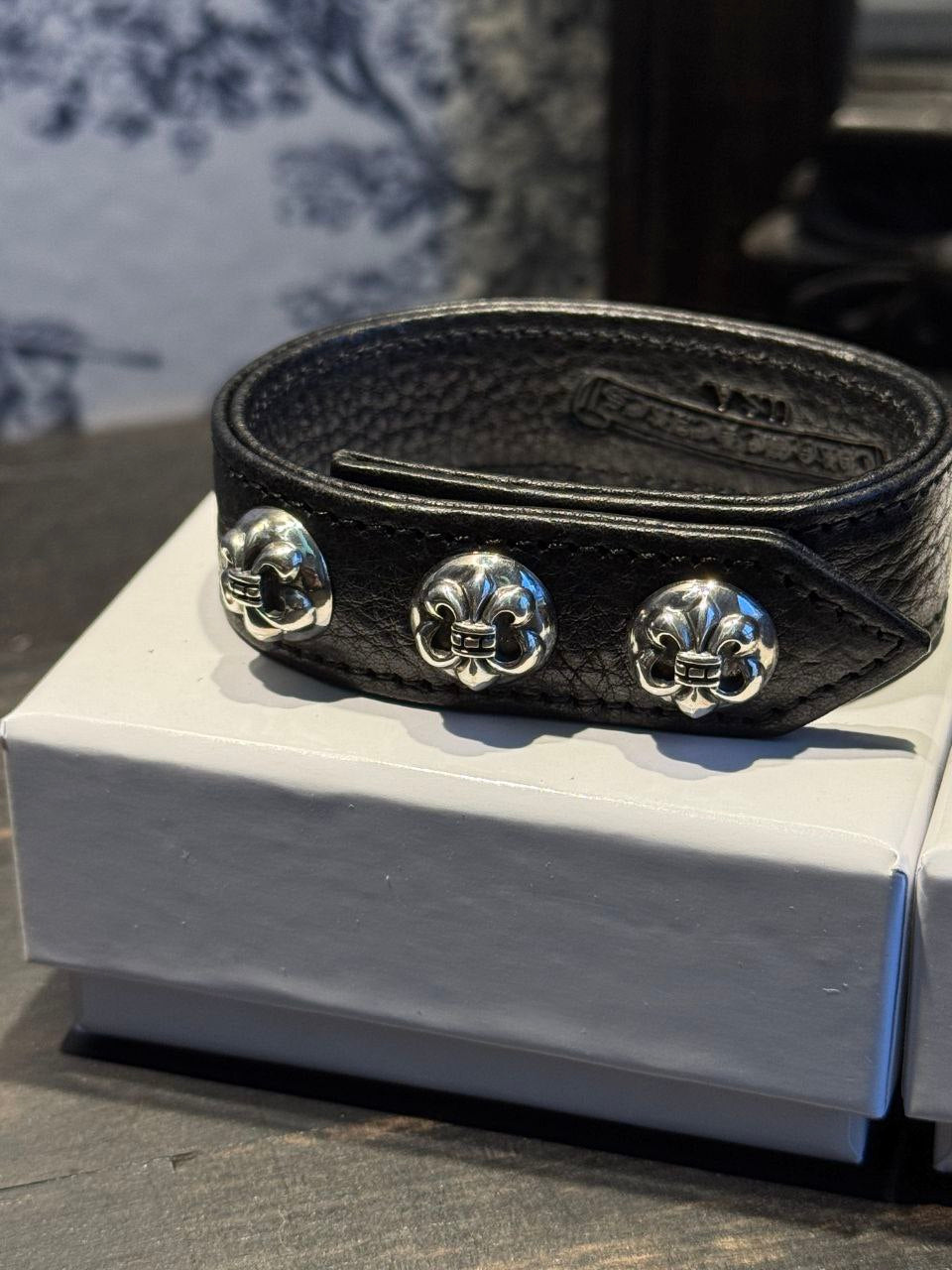 Chrome Hearts Adjustable Leather Silver Snap Bracelet