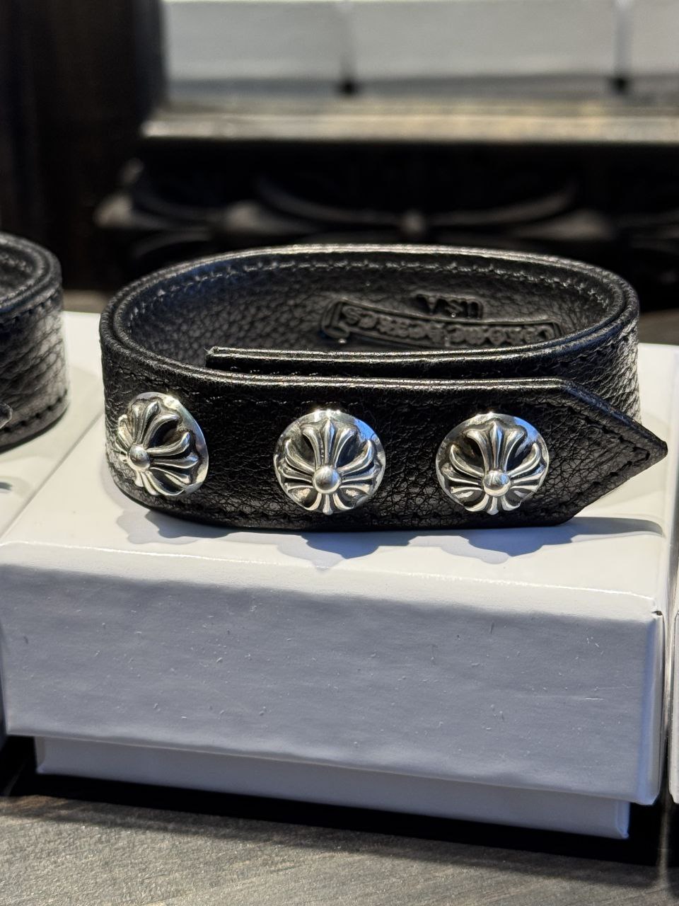 Chrome Hearts Adjustable Leather Silver Snap Bracelet