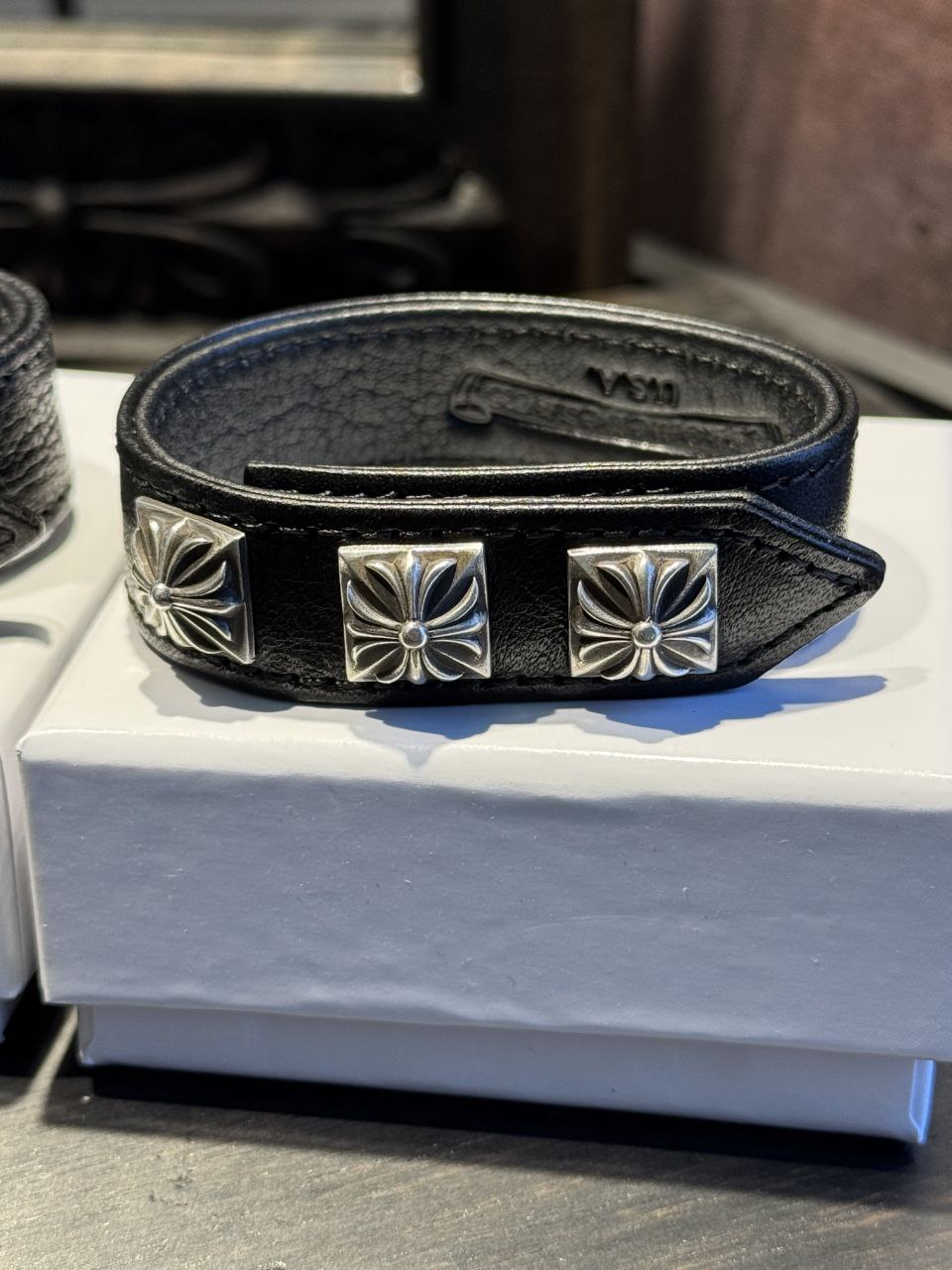 Chrome Hearts Adjustable Leather Silver Snap Bracelet